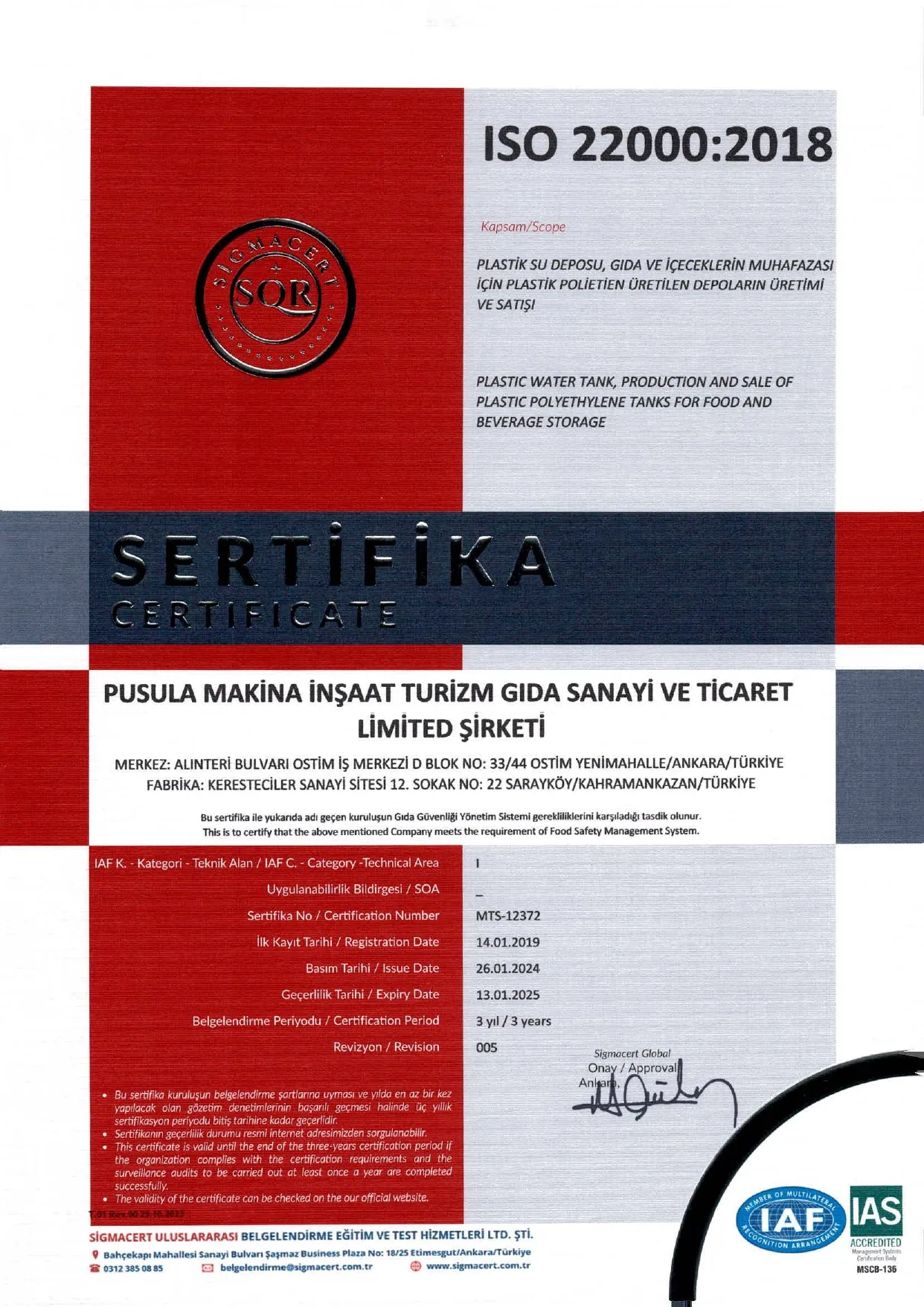 Kalite Belgelerimiz - Pusula Su Deposu